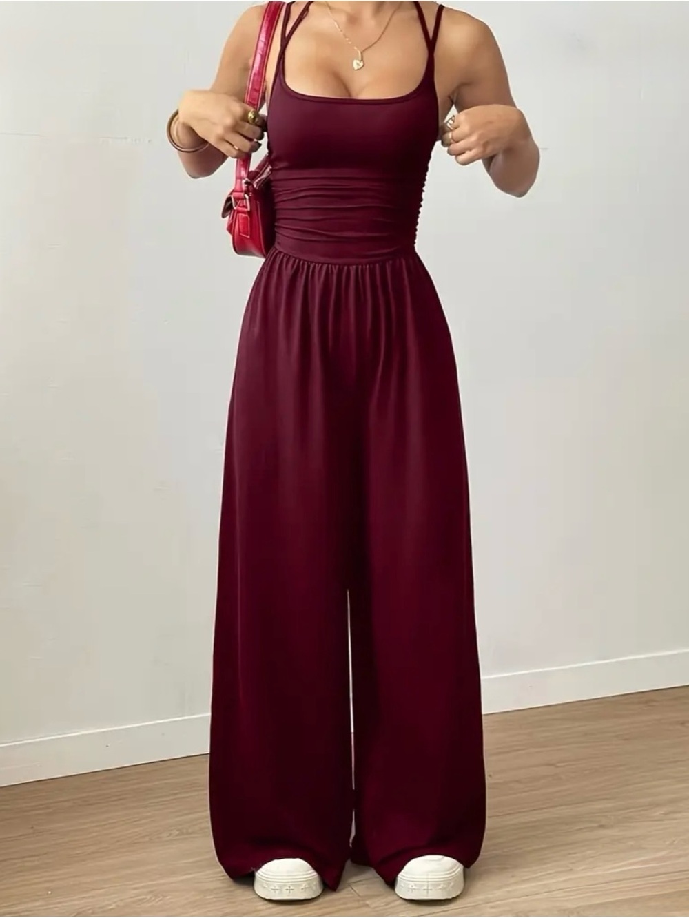 Wide-Leg Jumpsuit in Burgundy - Sleeveless Strappy Top - Picture 3 of 5